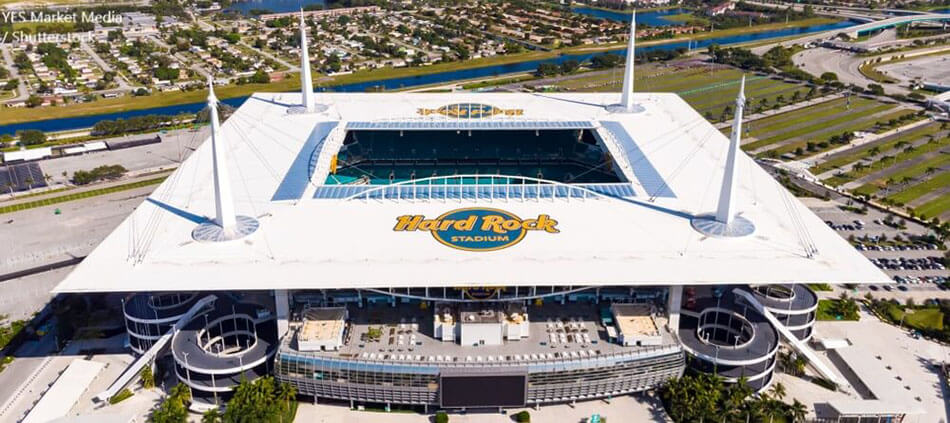 Miami Gardens Florida USA Aerial View on Hard Rock Stadium Super Bowl LIV 2020 Kansas City Chiefs vs San Fracisco 49 BANNER